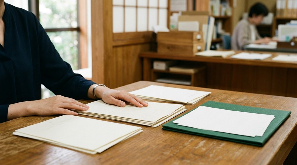 法務局の相談窓口で書類を確認する手元