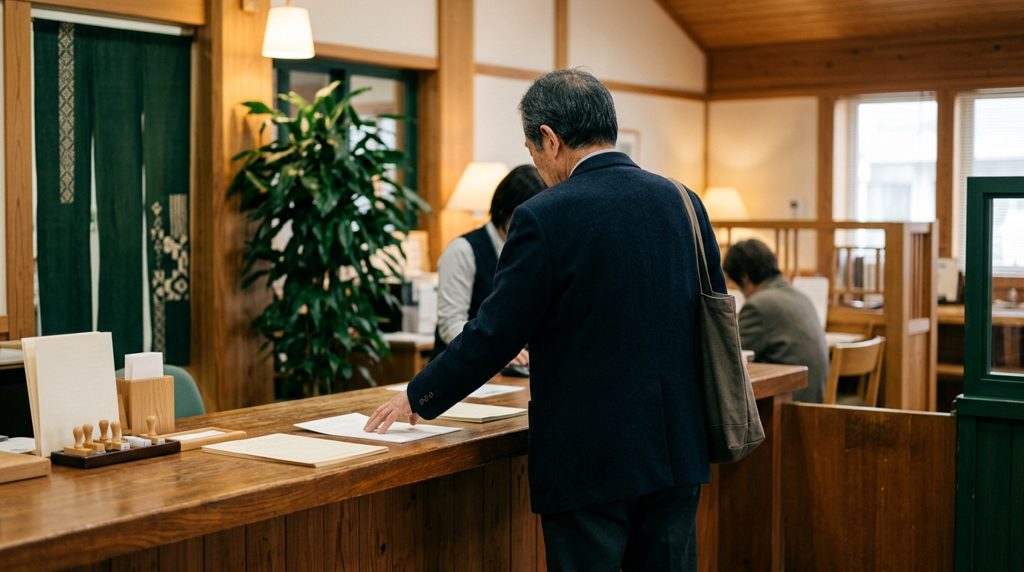 役所の窓口で書類を受け取る様子