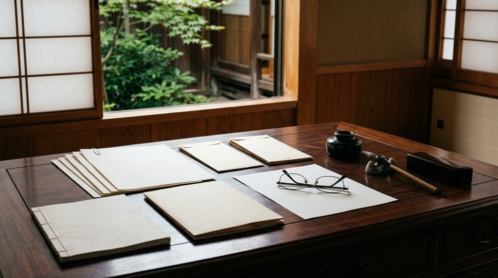 木製の机に積まれた書類と老眼鏡