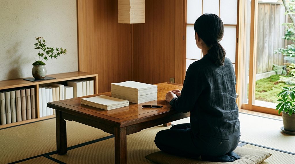書斎の机に向かい、書類を見つめる人の後ろ姿