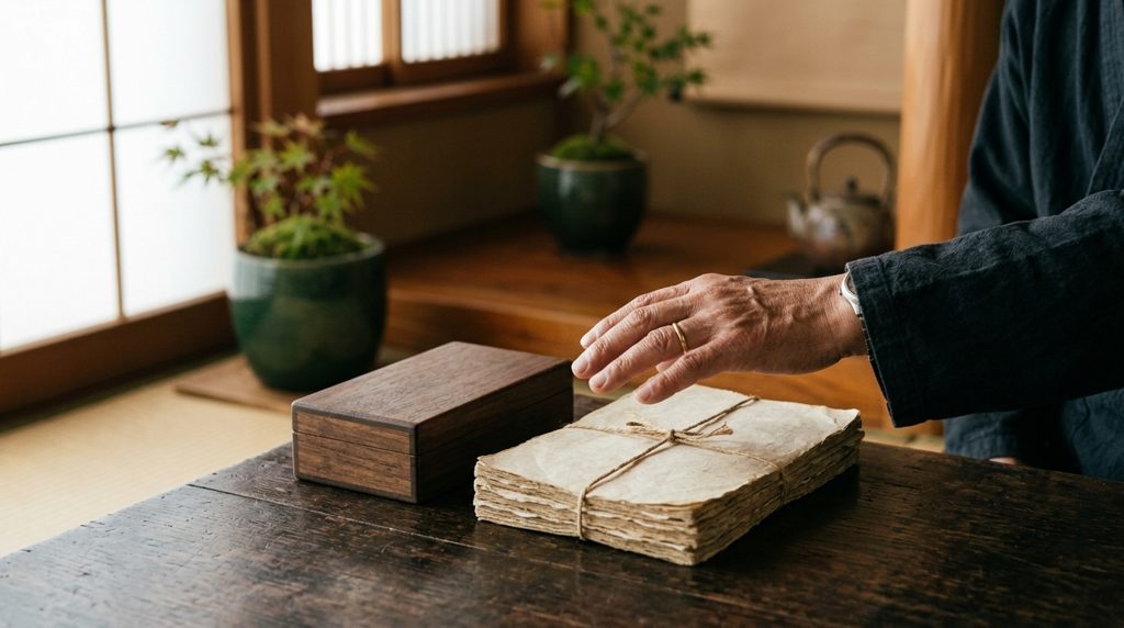 落ち着いた書斎で書類や箱を見つめる手元