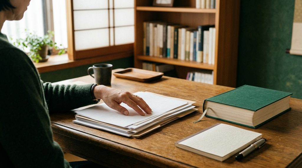 木製の机に置かれた書類と法律書に手を置く人