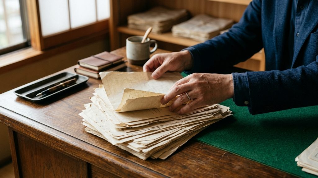 木製の机で、手が古い戸籍書類を広げている様子