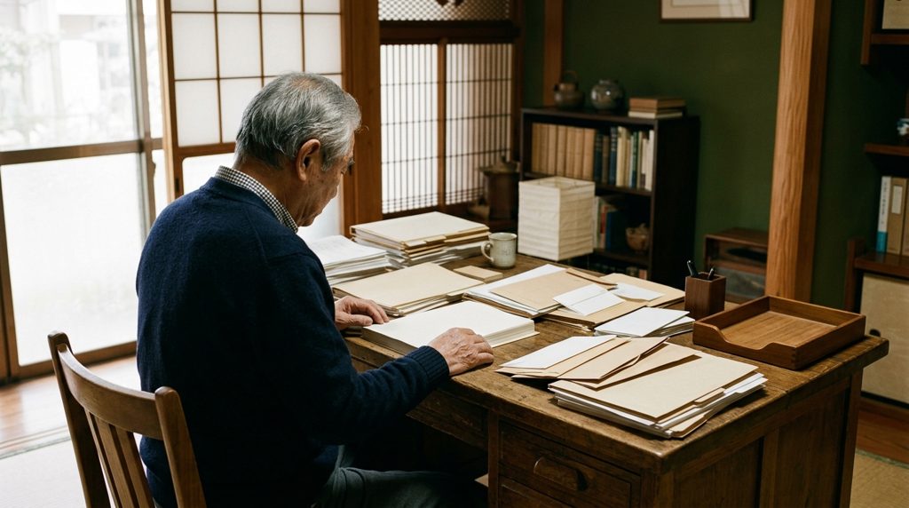 木の机に書類を広げ考え込む人の後ろ姿