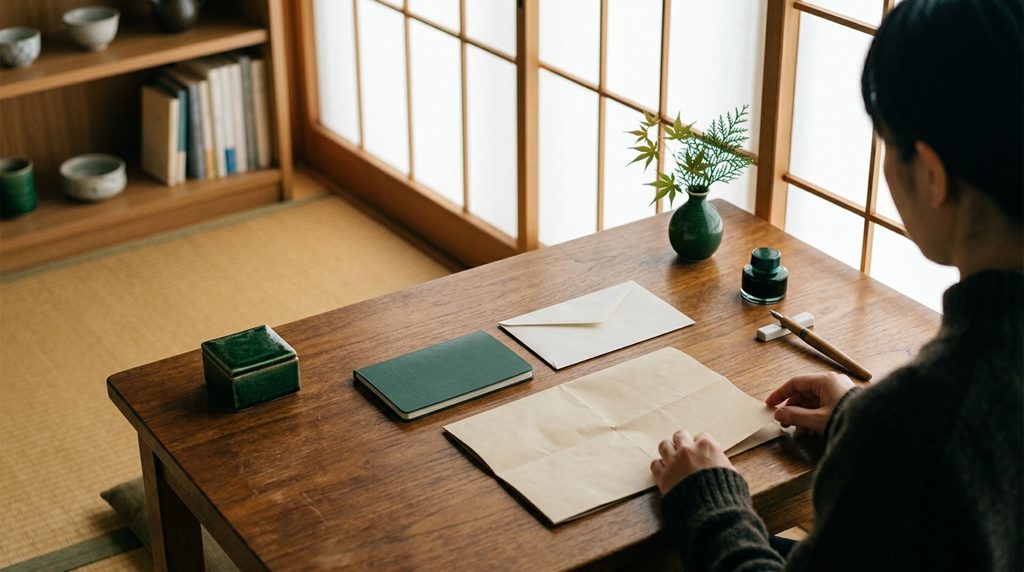 落ち着いた書斎の机に置かれた複数の財産に関する書類