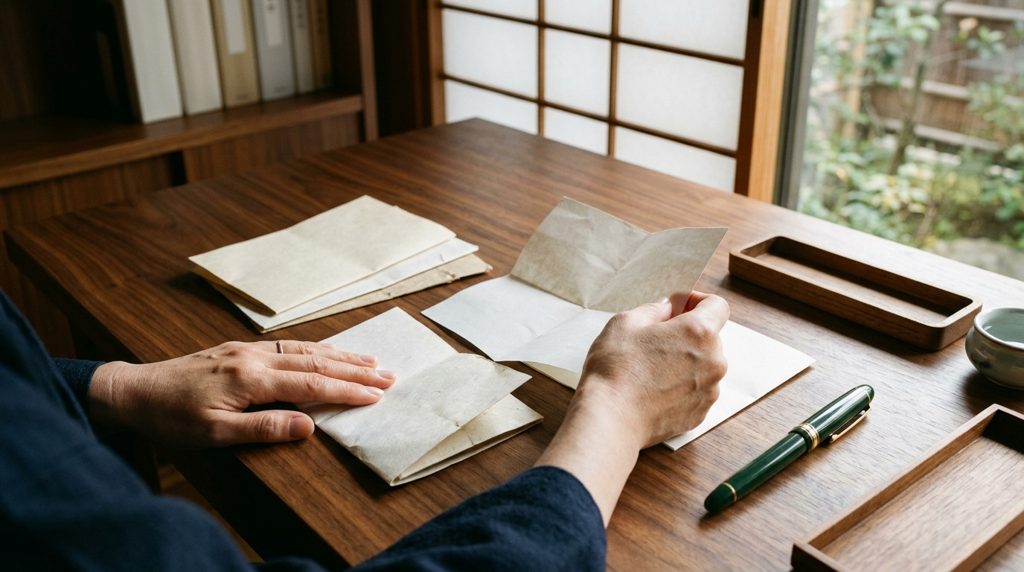 木目の机で書類を見比べる手元