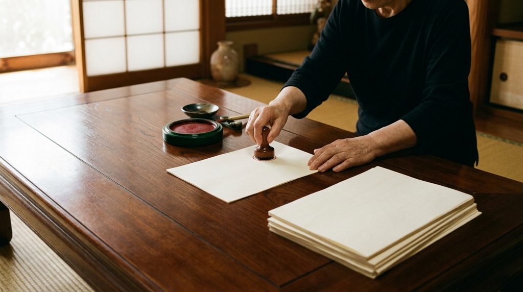 木製の机で書類に実印を押す手元
