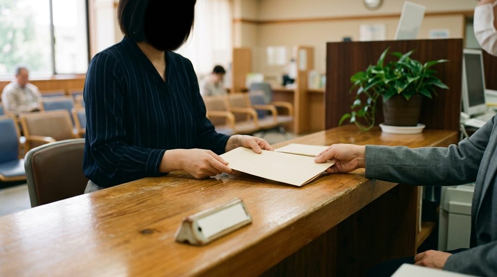 市役所の窓口で書類をやり取りする人の手元