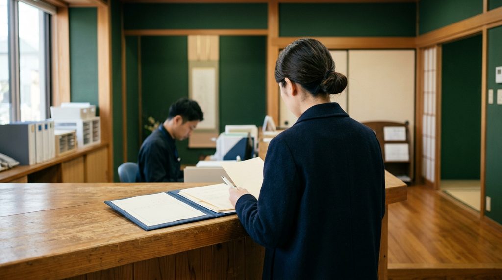 役所の窓口で書類を提出する人の後ろ姿
