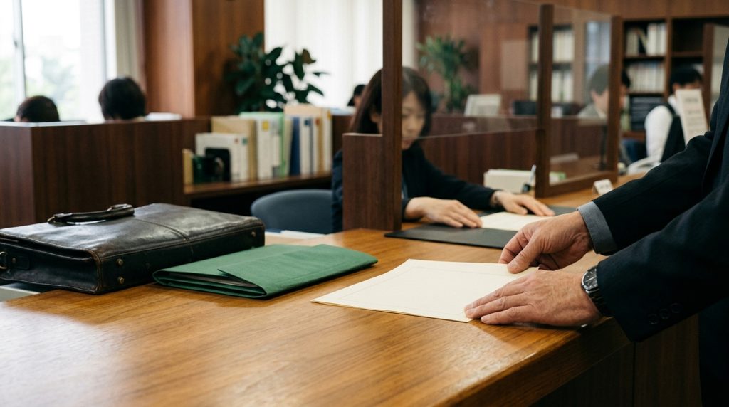 公的機関の窓口で、書類を提示する手元