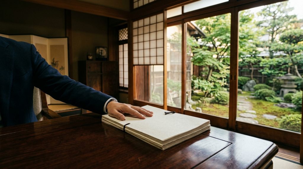 司法書士事務所の机に置かれた不動産関連書類と庭