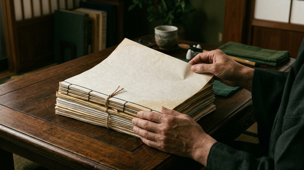 古い公的書類を広げ、整理する手元