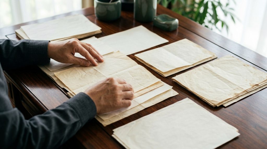 家族関係書類を整理する手元