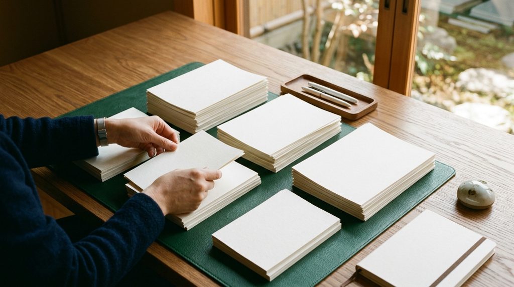 深い緑のデスクマットの上で、複数の書類の山を整理する人の手元が写っている。