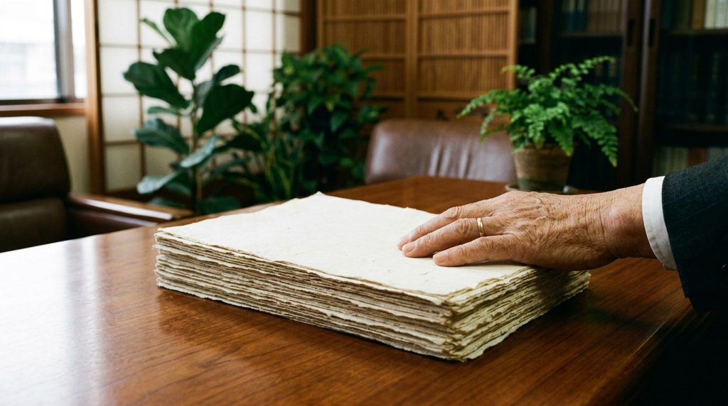 温かみのある木製の机に置かれた、格式ある書類と老齢の手元