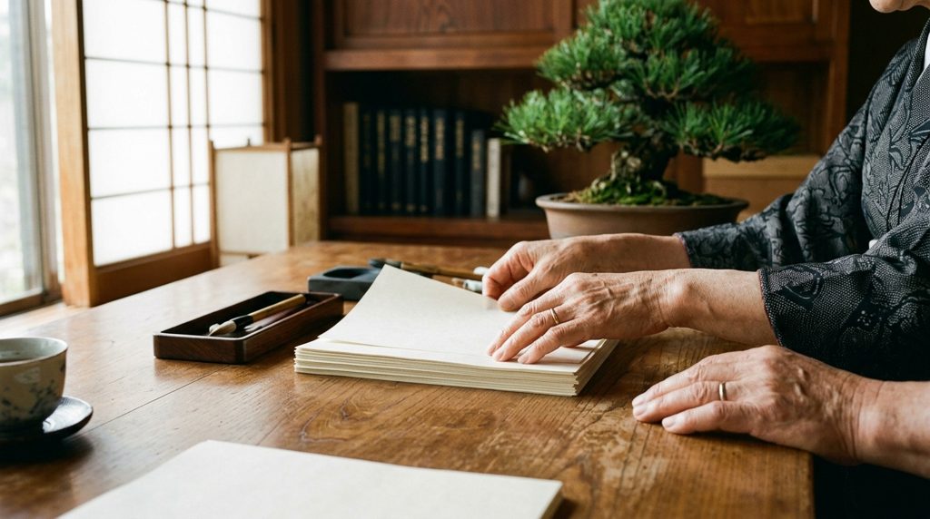 書類を整理する夫婦の手元
