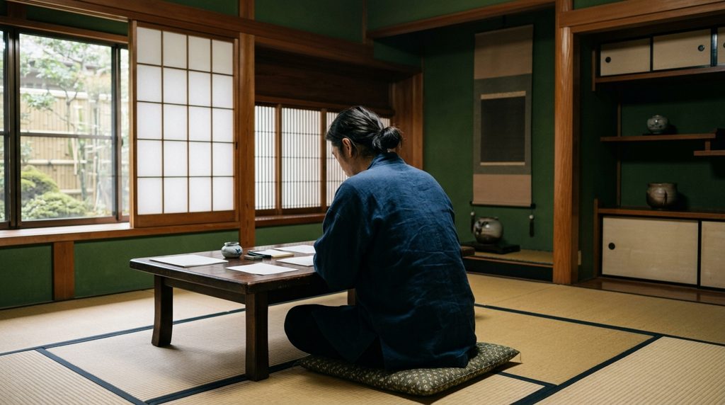 和室で書類に向き合う人物の背中