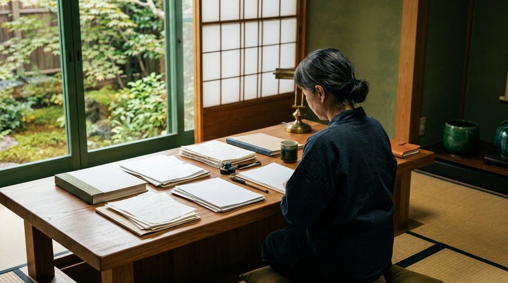 落ち着いた和室で、机に広げられた複数の書類を見つめる人の後ろ姿。
