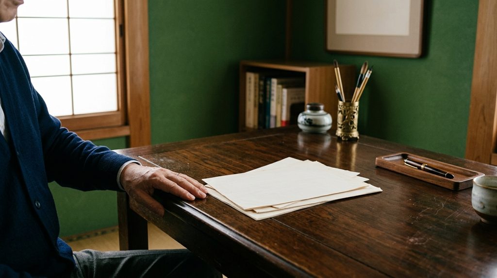 書斎の机に置かれた書類と手