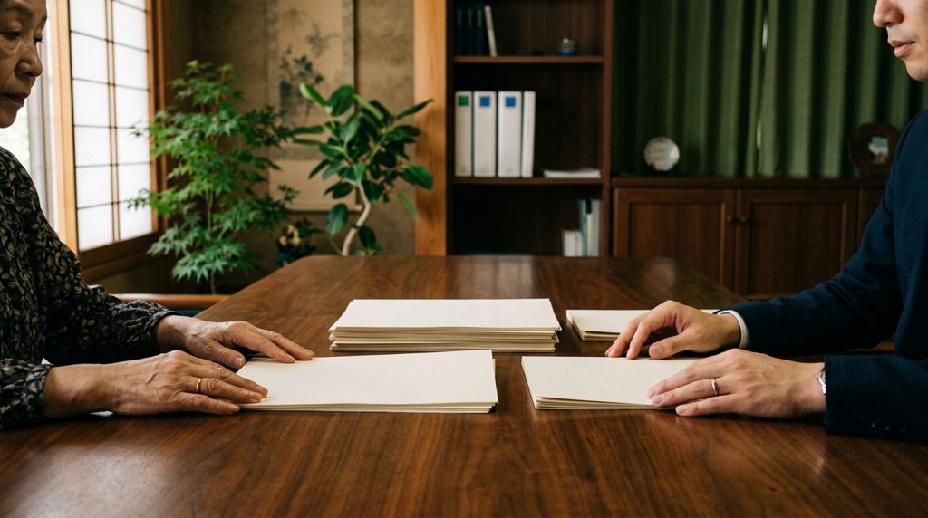 専門家のオフィスで、複数の書類を比較検討する手元