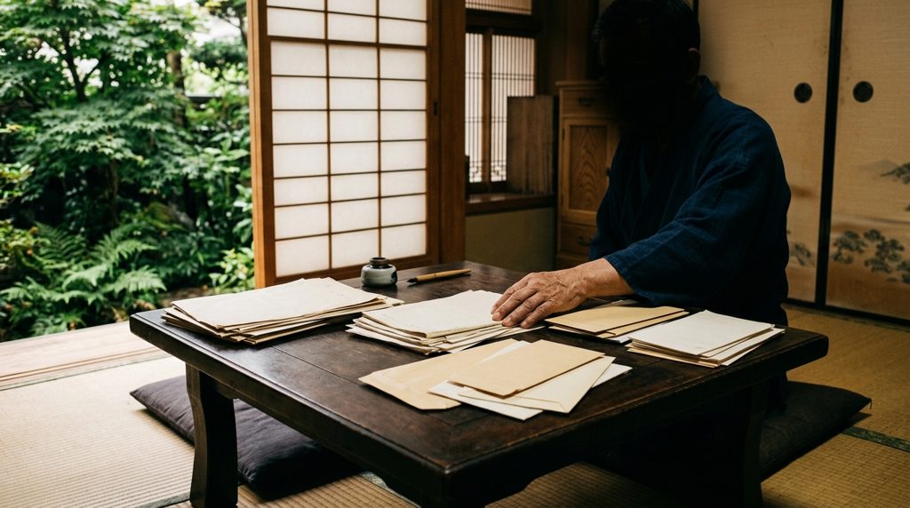 和室の木製テーブルに広がる複数の書類と手元