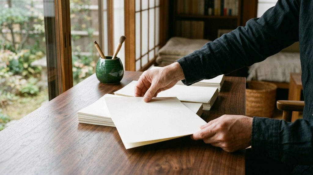 書類を整える手元と机の上の紙