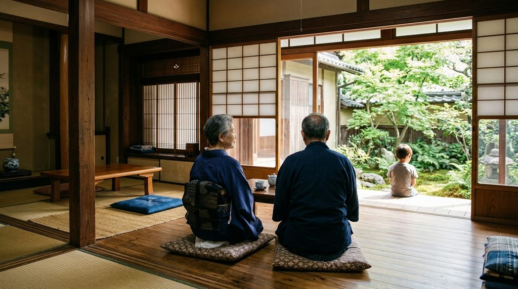 縁側のある和室で寛ぐ家族