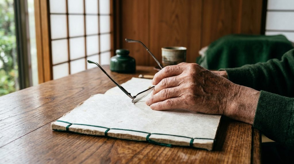 開かれた戸籍を見る老人の手元