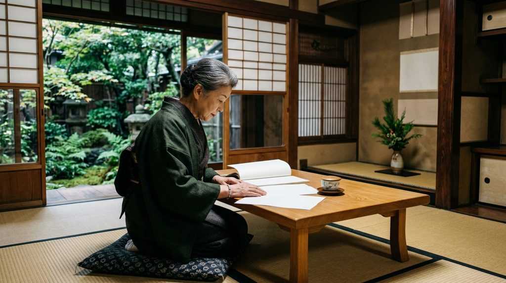 畳の部屋で座卓に向かい、書類を広げて思案する人物の後ろ姿