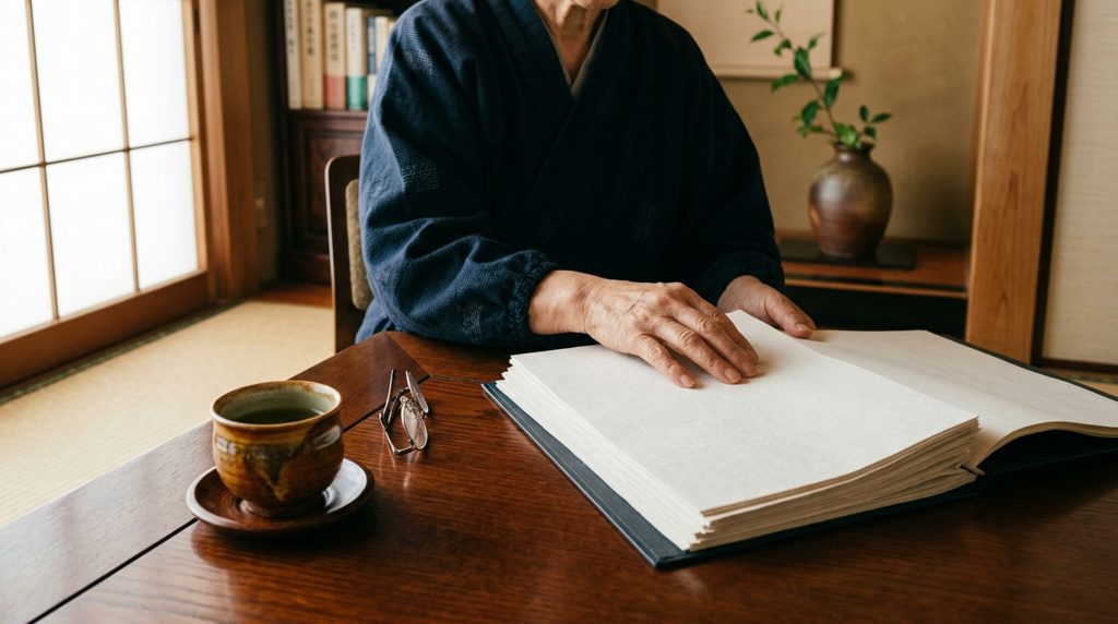 和室の書斎で、老年の手が複数の書類を読み進める様子