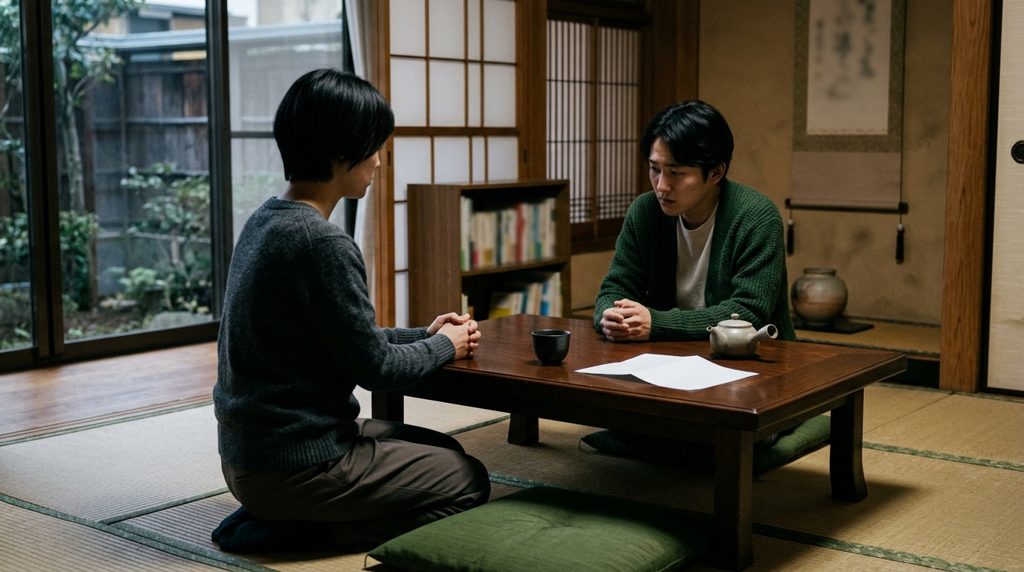 和室で向かい合う二人の大人の兄弟姉妹の様子。