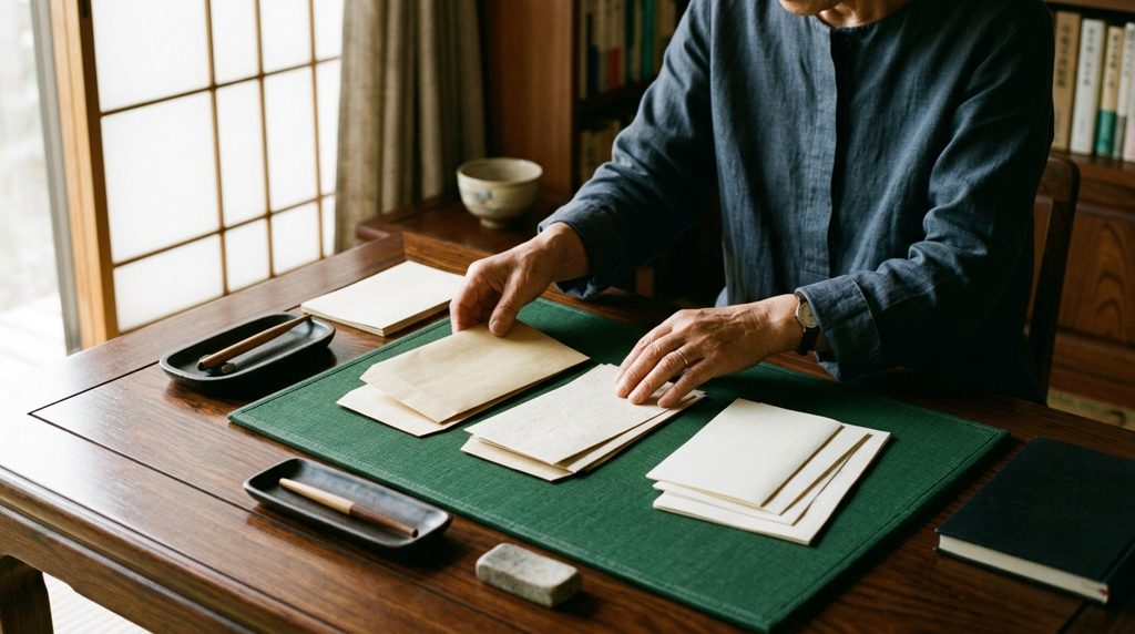 暗い木製の机の上で複数の書類を吟味する人の手元