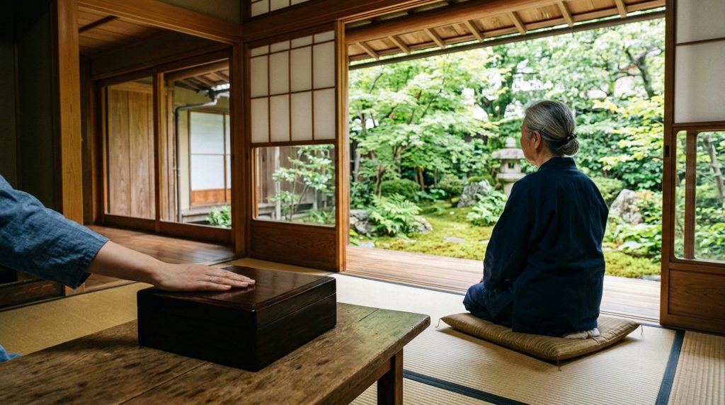 和室で庭を眺める高齢者と若い手