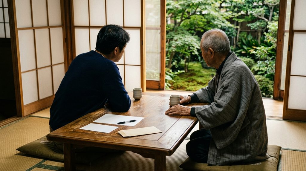 日本の伝統的な家屋の座卓で、親子が静かに話している様子。
