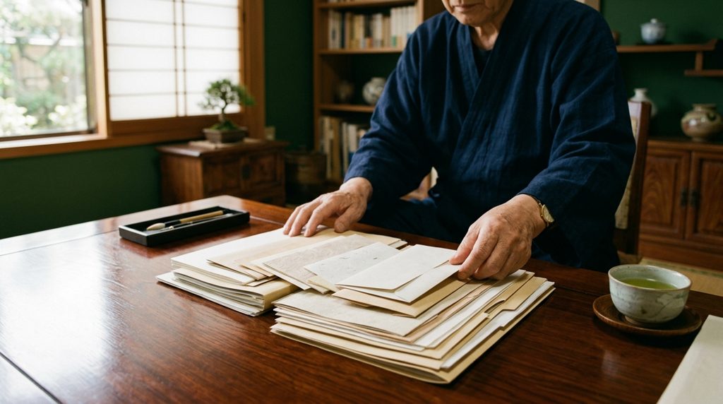 暗い木製の机の上で書類に手を置く人物。