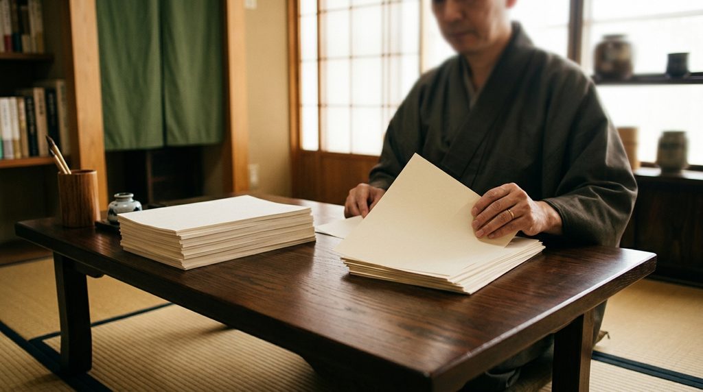書斎の机上で書類を確認する手元