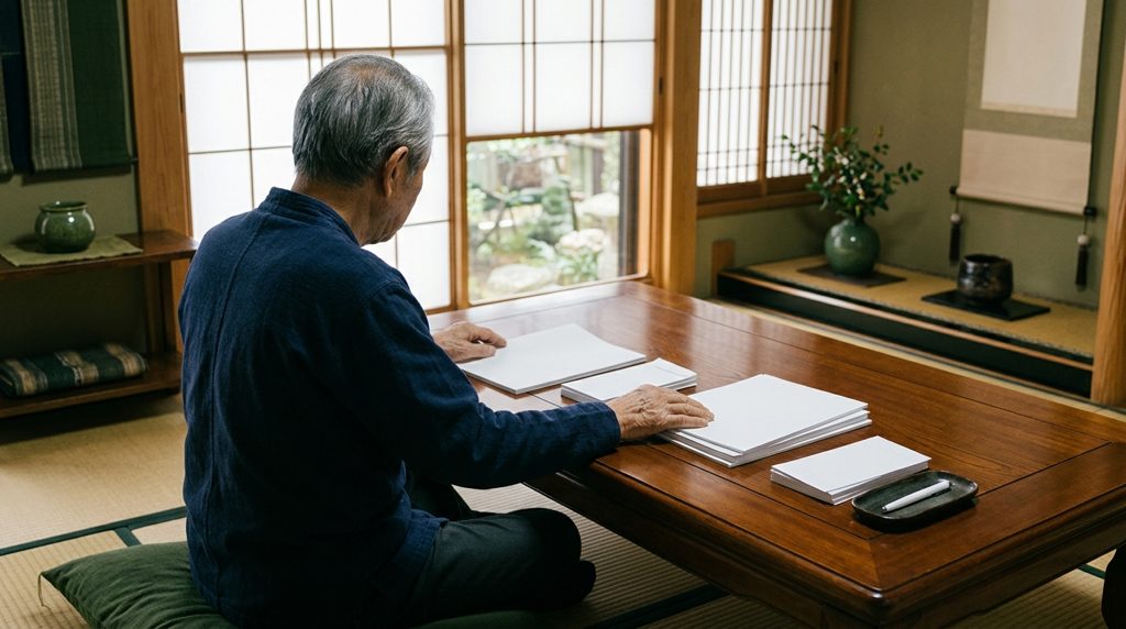 和室で書類を整理する人の後ろ姿