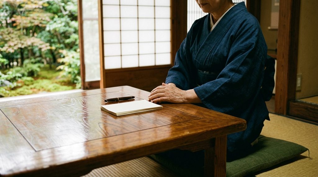 和室の座卓で書類の横に置かれた、思案するような手元。