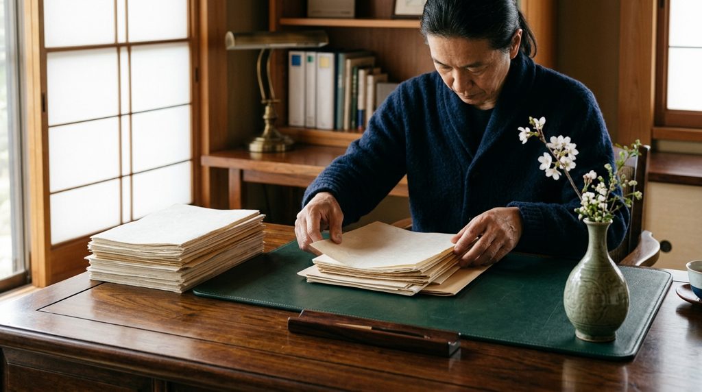 書斎で書類や壺を整理する手元