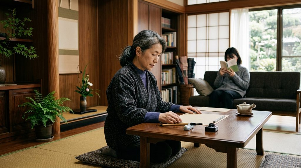 落ち着いたリビングで、机の中年の人物と、くつろぐ若い人物