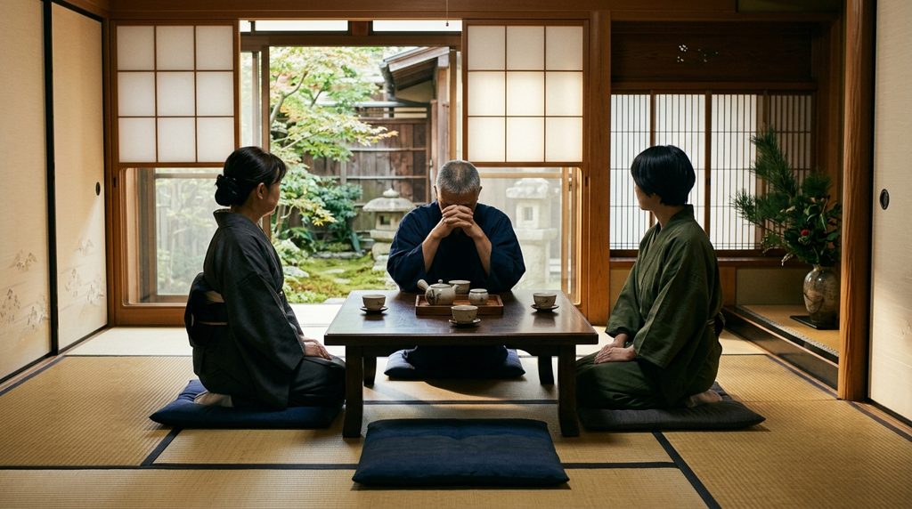 静かな和室で、低いテーブルを囲んで座る3人の大人の後姿。