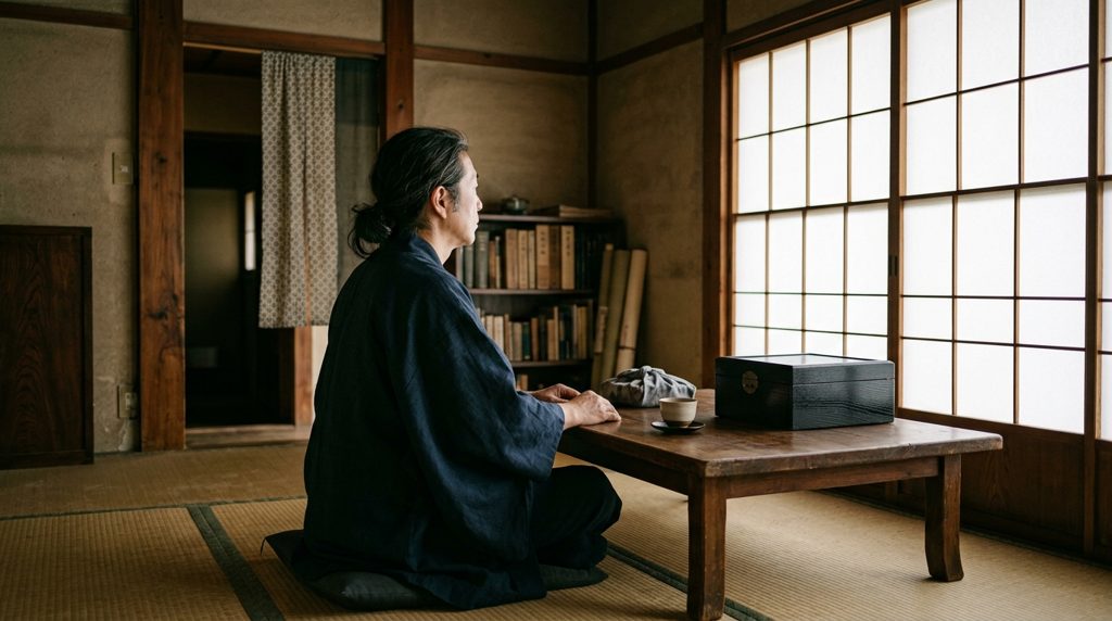 和室の低座卓と、座る人物の横顔、置かれた漆器。