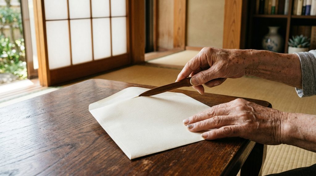静かな部屋で手が封筒を丁寧に開けている様子