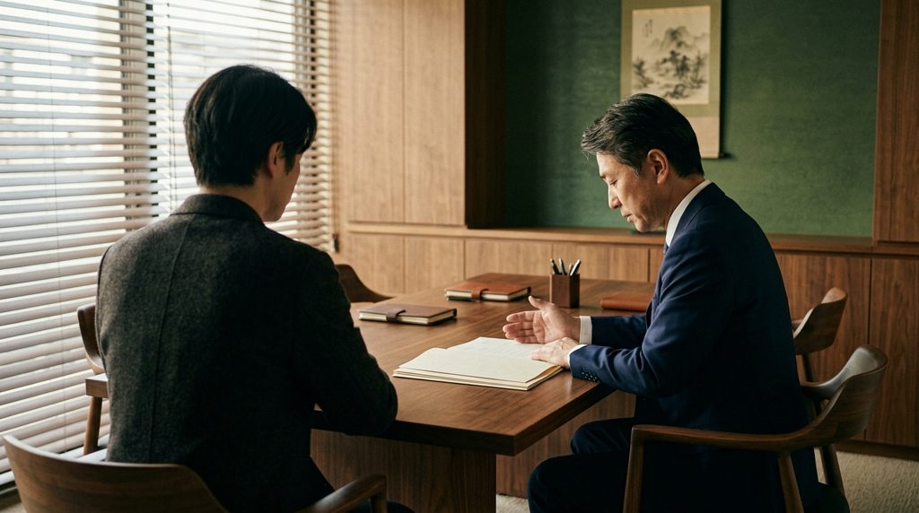 司法書士事務所での相談風景、書類を前に