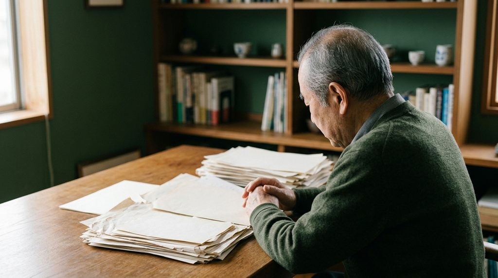 書斎で書類の山を前に熟考する人の後ろ姿