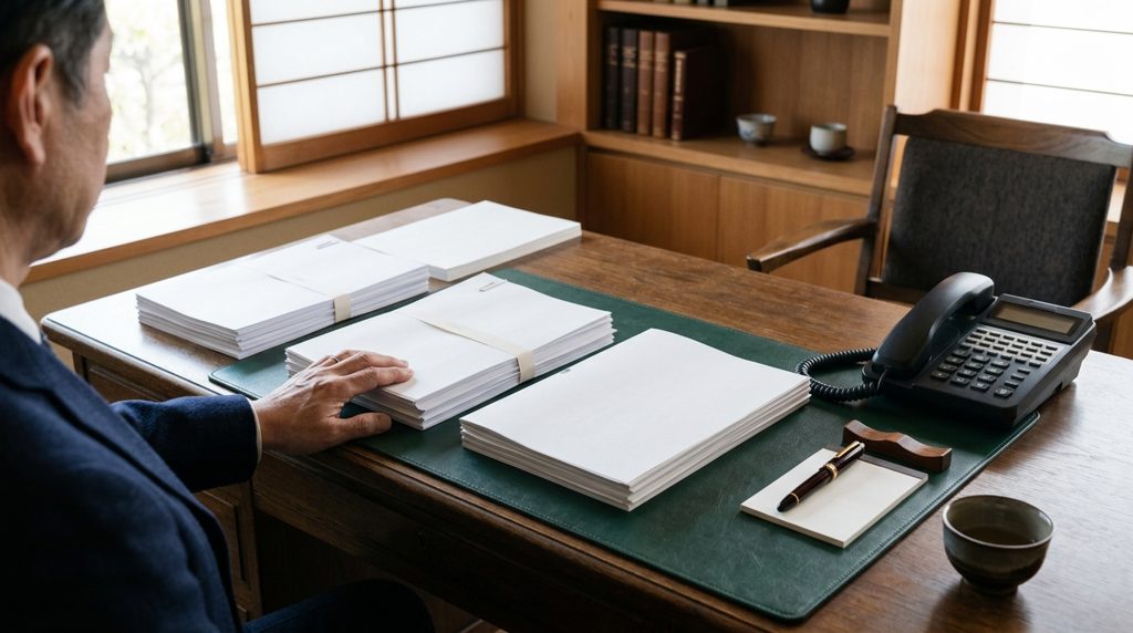 机に書類と電話、作業中の手元