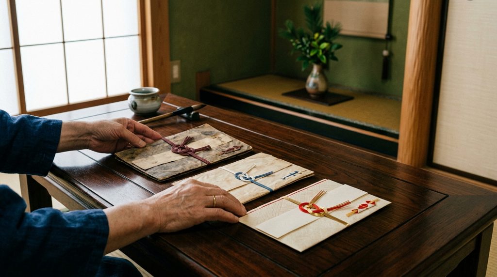 木製の机に並べられた和紙の書類を整理する手元