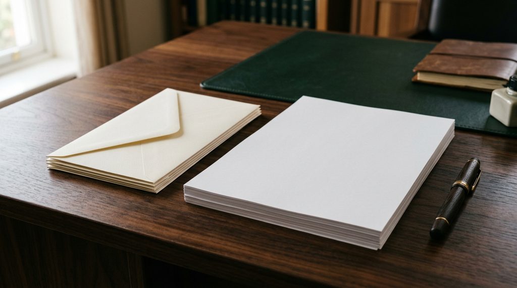 落ち着いた木製の机に積まれた公的な封筒と書類