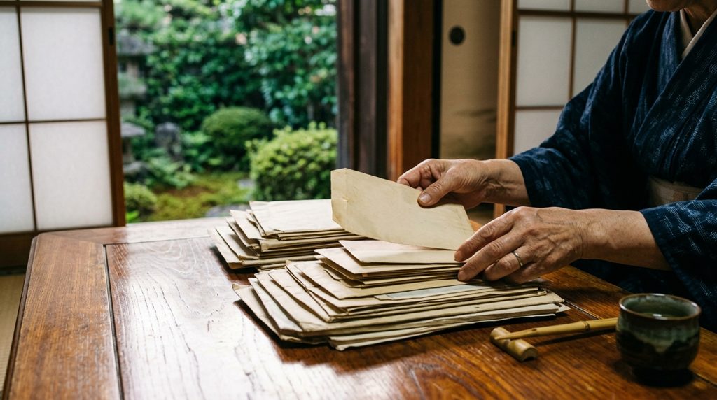 自宅の机で故人の郵便物を整理する手元