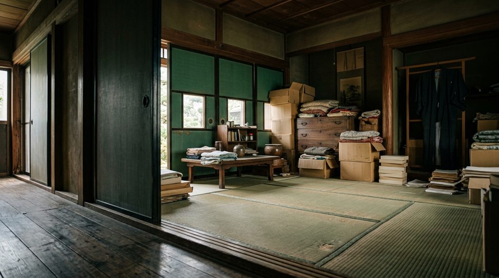古い日本家屋の、物が置かれた畳の部屋